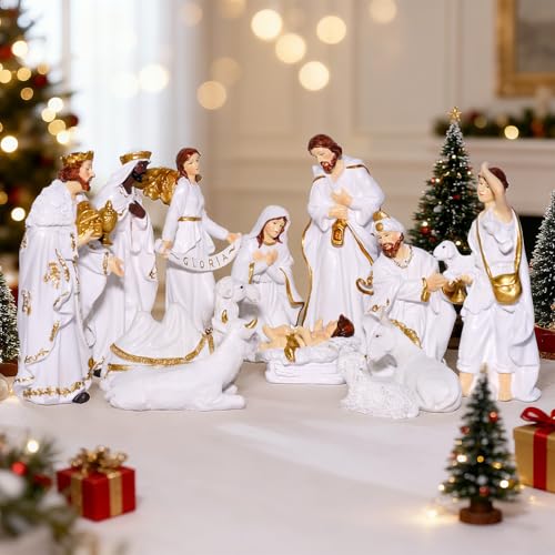 Nativity Set Christmas 12 Pieces Scene White Indoor Catholic Manger Set - color: White, size: 8 inches