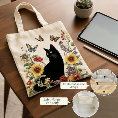 Canvas Tote Bags Reusable Shopping Bag for Women with Zippered Inner Pocket Magnetic Snap Closure - color: Black Cat 1