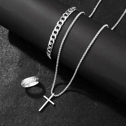 DATOA 3Pcs Cross Necklace Stainless Steel Chains Bracelet Ring for Men Silver Gold Black Pendant Minimalist Jewelry - color: Silver