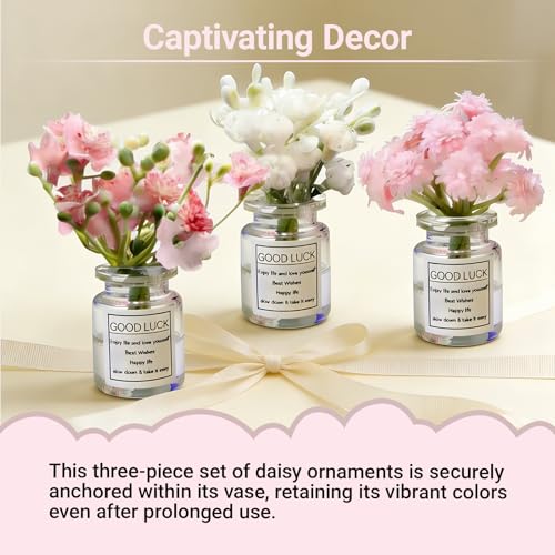 3 PCS Mini Flower Car Dashboard Decor Set, Cute Daisy Cherry Blossom Vase Ornaments, Natural Simulated 3D Vase Arrangement, Universal Rear View Mirror Dashboard Interior Accessories