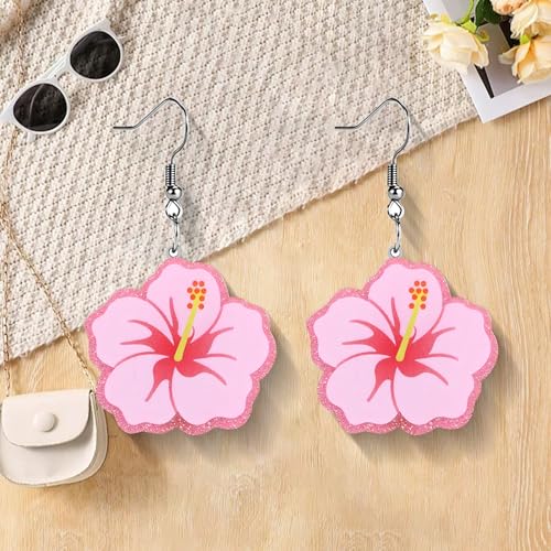 Christian Statement Earrings for Women, Acrylic Dangle Earrings, Lightweight Comfortable, Non Tarnish Hooks, Faith Jewelry, Religious Gift for Women - color: Cute Hibiscus Flower