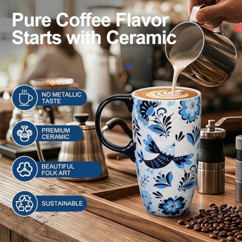 Topadorn 17oz Ceramic Travel Mug with Lid, Blue Bird Floral Mug with Handle - color: Flower&Bird