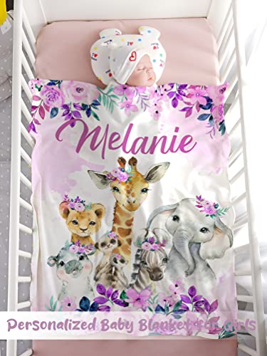 Personalized Baby Blanket for Girls, Custom Baby Blanket with Name Super Soft Personalized Name Blankets for Kids, Custom Animal Blankets for Infant Toddler for Birthday - color: Flowers and Animals