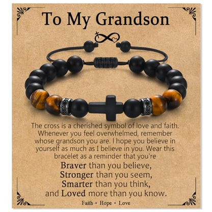 Cross Bracelet Gifts for Men Boys, Cross Beads Bracelet Christian Christmas Easter Basket Stuffers Baptism Jewelry Gifts for Man Him Son Grandson Nephew Brother Godfather Godson - style: Grandson