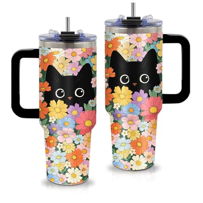 Black Cat & Floral Tumbler 40oz with Handle and Straws, Gifts for Women - color: Cat1