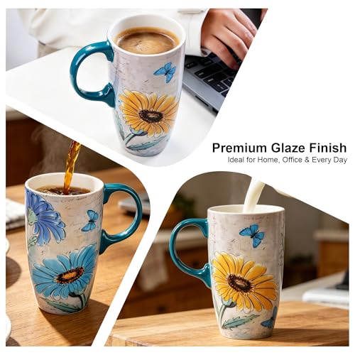 Topadorn 17oz Ceramic Travel Mug with Lid, Blue Floral Coffee Mug - color: Daisy