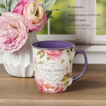 Christian Art Gifts Large Ceramic Scripture Coffee & Tea Mug for Women - color: White & Purple/Noble Things