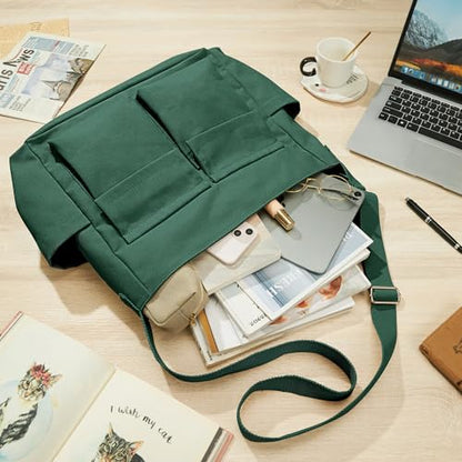KALIDI Canvas Tote Bag Zipper Large Crossbody Shoulder Bag Messenger Bag - color: Upgraded Dark Green