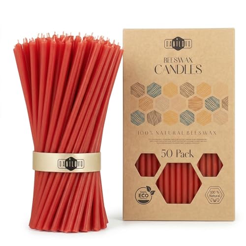 Danilovo Beeswax Candles 50 pcs (Red) - Orthodox Prayer Candles, Ritual Use, Table Decor - Clean Burning, Dripless, Cotton Wick (Height 6,5 in) - color: Red, size: Height 6.5 in