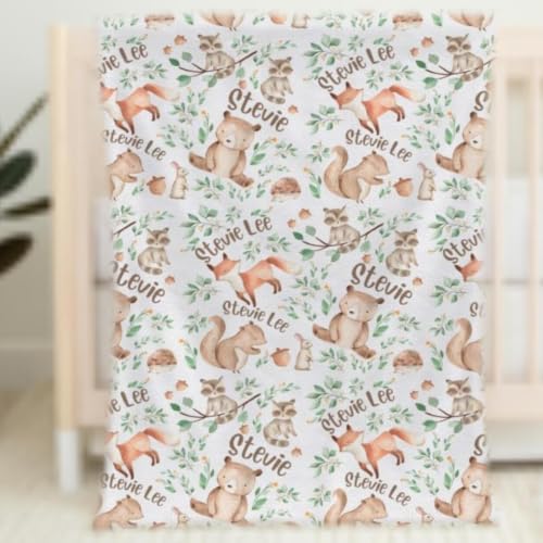 Personalized Baby Boy Throw with Bear, Fox, Raccoon, Bunny, Woodland Animal Swaddle, Infant Blanket Forest Animals Custom Baby Name Gift - color: Forest Blanket #1