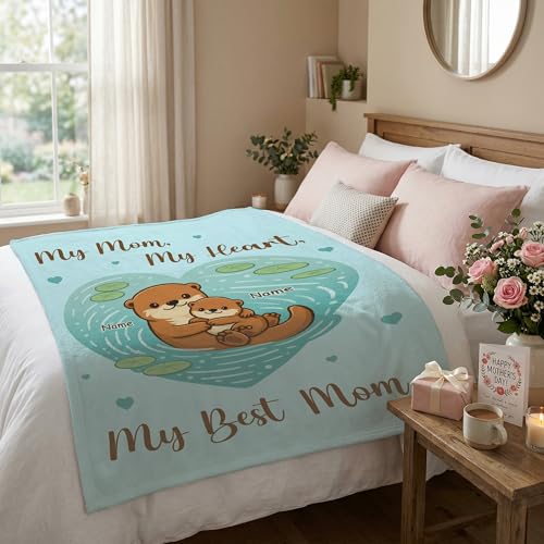 Personalized Otter Blanket for Mom, Custom Names Sea Otter Flannel Throw, My Heart Best Mom Blanket, Mother’s Day Birthday Gift for Mommy Grandma - color: Design02