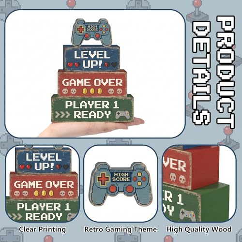 Britimes Tiered Tray Decor Set, 4 Pack, Wooden Table Sign, Video Game - style: Retro Gamer