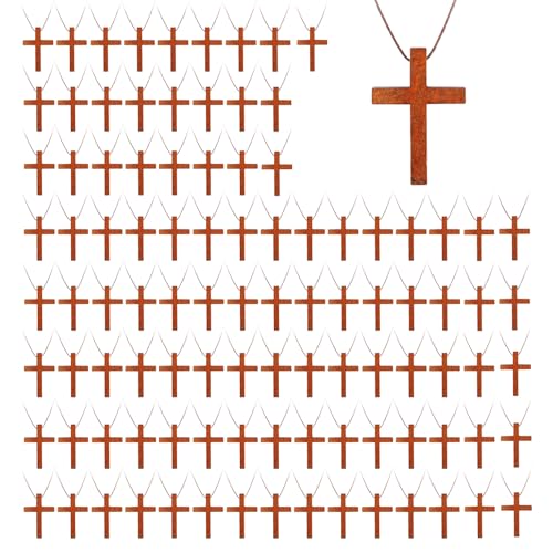 Wood Cross Necklace Bulk Set, Wooden Cross Pendant with Cord - color: 100 Pcs