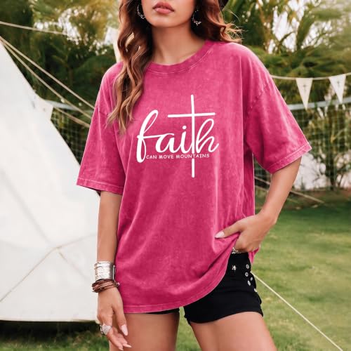 Christian Shirts for Women Faith Can Move Mountains Acid Wash Graphic Shirt Jesus Religious Bible Verse Tee Tops - color: Pink, size: Medium