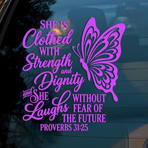 She is Clothed with Strength and Dignity Car Decal Other Size Funny Butterfly Christian Religious Humor Car Windows Trucks Accessories Affirmations Vinyl Waterproof Bumper Sticker Gift for Mom Dad - color: She is Clothed With Strength and Dignity, size: O