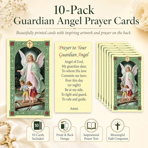 ESNOY 10 Pack Guardian Angel Prayer Cards – Catholic Guardian Angel The Protector – Holy Card with Prayer