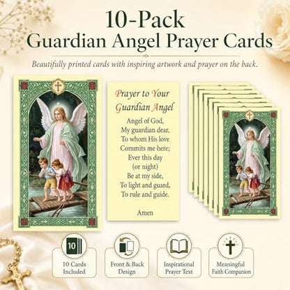 ESNOY 10 Pack Guardian Angel Prayer Cards – Catholic Guardian Angel The Protector – Holy Card with Prayer
