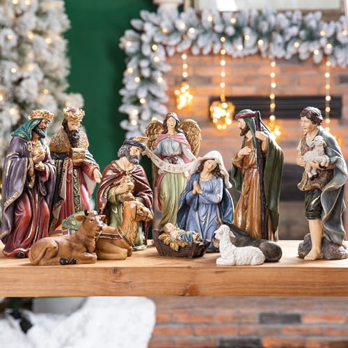 Glitzhome 12Pcs Resin Nativity Figurine Set for Christmas Indoor Xmas Natvity Scene Sets Collectible Christmas Countertop Nativity Figures Miniatures Statue for Tabletop Ornament Gifts 10.00" x 26.00" - size: 10.00 x 26.00 Inches