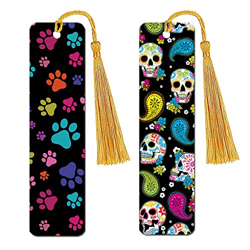 WIRESTER Set of 2 Metal Bookmarks with Light Gold Tassel for Students, Reader, Teachers, Book Lovers - Multicolor Paws Dog, Colorful Sugar Skulls - color: Multicolor Paws Dog, Colorful Sugar Skulls