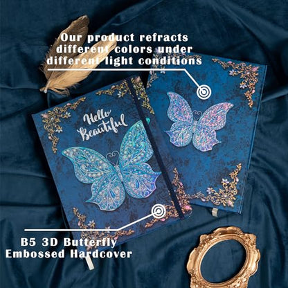 B5 Hardcover Journal for Women & Men -Butterfly Aesthetic Lined Notebook - color: Blue