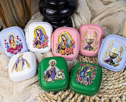 Rosary Beads Catholic for Women - Pearl Beads with Classic Cross, Virgin Mary Zippered Prayer Box, First Communion Gifts, Baptism Confirmation Jewelry - color: Guadalupe-Pink
