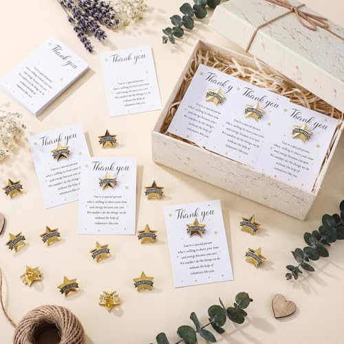 Sayglossy 30 Sets Volunteer Awards Gifts Bulk Star Enamel Pins on Card Volunteer Lapels Pins Reward Thank You Cards Employee Appreciation Gifts for Staff Recognitions - style: Volunteer