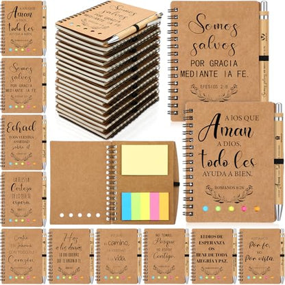 Resurhang 20 Set Spanish Christian Gifts Bulk for Father Religious Notebooks with Bible Verse Pen, Inspirational Spiral Prayer Journal Notepad Church Gifts for Women Men Sunday School (Brown)