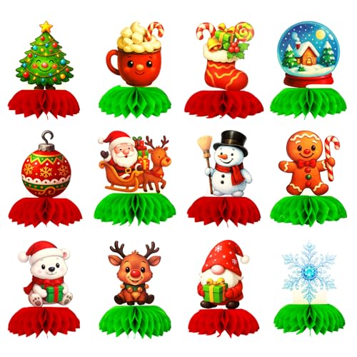 12 Pcs Christmas Party Table Decorations Centerpieces, Honeycomb Xmas Holiday Festive Decor for Dinner, Winter Holiday and New Year Celebration