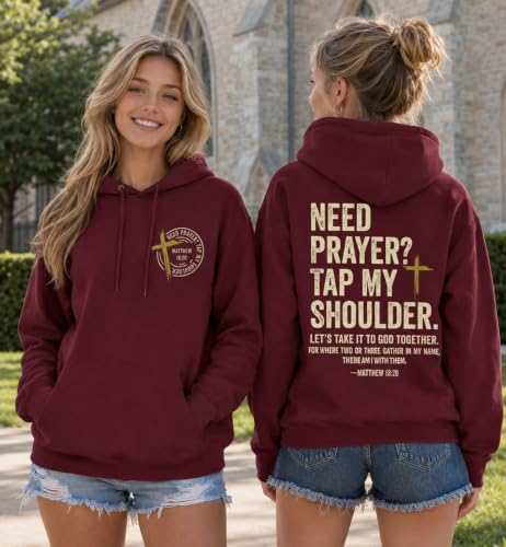 Christian Hoodies for Men Religious Faith Need Prayer Tap My Shoulder Shirt - color: Claret, size: Medium