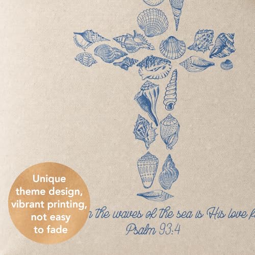 Christian Seashell Cross Canvas Tote Bag, Religious Coastal Gifts for Christian Women Mom Teachers Friends, Bible Verse Reusable Bag for Beach Church Shopping School Office