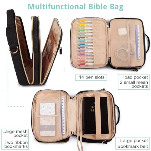 Large Bible Cover for Women,2 Compartments Bible Bag for Church - color: 2 Lays,Black with Bohemia Strap