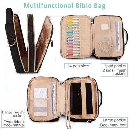 Large Bible Cover for Women,2 Compartments Bible Bag for Church - color: 2 Lays,Black with Bohemia Strap