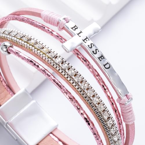 Christian Cross Leather Bracelets Boho Western Blessing Religious Jewelry - color: Pink