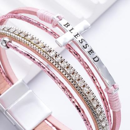 Christian Cross Leather Bracelets Boho Western Blessing Religious Jewelry - color: Pink