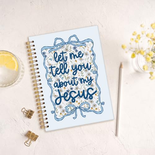MOFUYU Blue Bow Floral Christian Spiral Notebook,Journal for Bible Study - color: white(Blue)