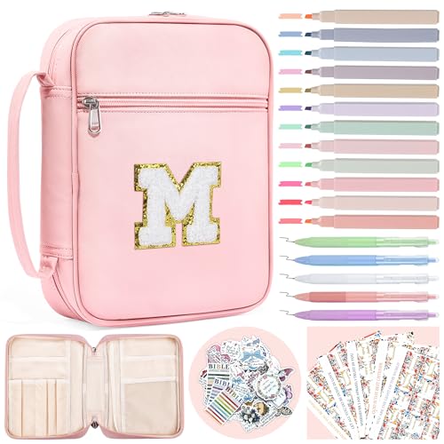 WOBAGMEN Bible Cover for Women,Pink PU Leather Personalized Bible Case with Bible Study Supplies,Including Tabs and Highlighter Set, Faith Chiristain Gift for Women Girls (Pink, M) - size: M