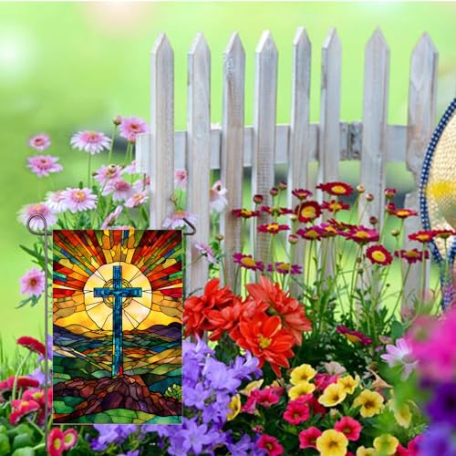 Christian Cross Garden Flag 12x18 Inch Double Sided Easter Religious Garden Flag Small Burlap Banner Yard Lawn Porch Outdoor Decor
