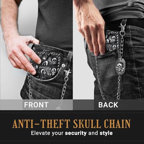ZEKEE Skull Gothic Chain Wallet Leather - Punk Bifold Halloween Goth Accessories Studded Edge Design | Unisex, Black - style: Rebel Edge Skull
