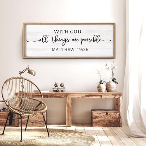With God All Things are Possible Framed Wall Art, 40''×15'' Positive Religious Rustic Bible Verse for Christian God Jesus Christ Prayer, Vintage Horizontal Holy Inspirational Catholic Scripture Decor - color: Natural Frame, style: With God All Things are