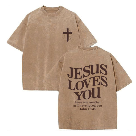 Christian Shirt for Men Jesus Loves You Shirt Oversized Acid Wash Tops - color: Apricot, size: Small
