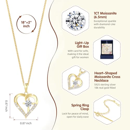 Moissanite Cross Necklace for Women in Light-Up Gift Box Heart Cross Jewelry 1CT Pendant for Women Gift Ideas for Wife Valentines Day Anniversary Birthday (S925 Sterling Silver/18K Real Gold Filled) - style: Gold with Card