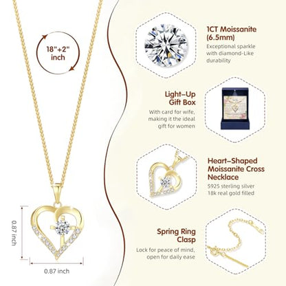 Moissanite Cross Necklace for Women in Light-Up Gift Box Heart Cross Jewelry 1CT Pendant for Women Gift Ideas for Wife Valentines Day Anniversary Birthday (S925 Sterling Silver/18K Real Gold Filled) - style: Gold with Card
