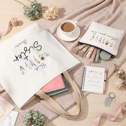 Kinlop 5 Pcs Best Sister Gift Set for Women Canvas Tote Bag Notebook Pen - color: Pink, style: Best Sister