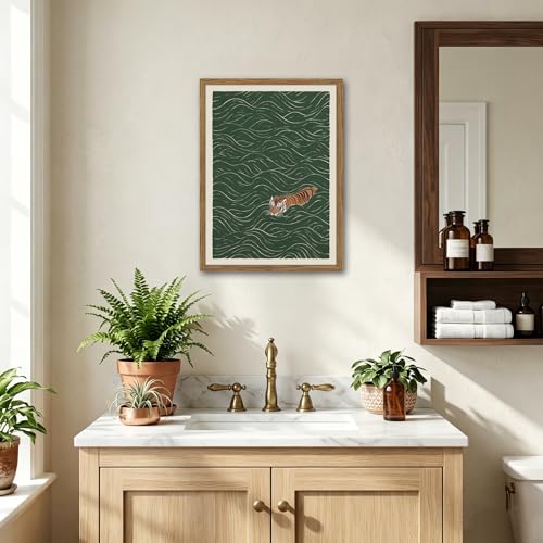 Framed Japanese Tiger Wall Art, Vintage Tiger Swimming Pictures Wall Decor Minimalist Asian Green Wild Animal Canvas Prints Eclectic Home Decor for Living Room Bedroom Bathroom-16×24inch - color: Japanese Tiger, size: 24"L x 16"W