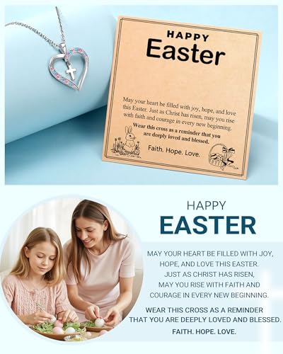Cross Necklace Baptism First Communion Christening Religious Christian Easter Confirmation Gifts for Girls - style: Happy Easter