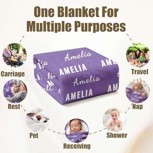 Ships Next Day, Personalized Baby Blanket with Name - Custom Newborn Hospital Swaddle Blanket, Super Soft Plush Flannel Baby Gift for Birth Announcement Shower Easter Gifts for Toddler Kids - color: Light Purple