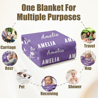 Ships Next Day, Personalized Baby Blanket with Name - Custom Newborn Hospital Swaddle Blanket, Super Soft Plush Flannel Baby Gift for Birth Announcement Shower Easter Gifts for Toddler Kids - color: Light Purple