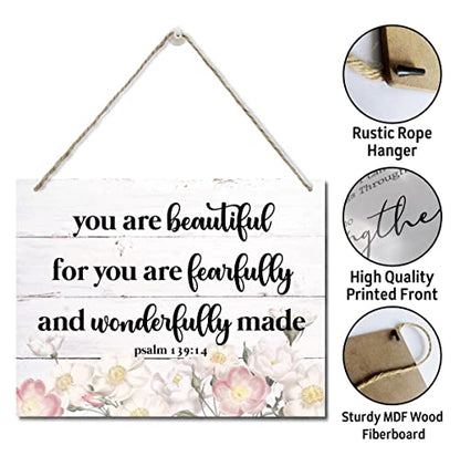 Bible Verse Printed Wood Plaque Sign Wall Hanging, Home Wall Decor You Are Fearfully & Wonderfully Made Scripture Rustic Hanging Wall Plaque Wood Signs, Psalm 139:14 Christian Sign - color: Psalm 139:14