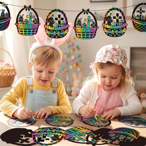 CY2SIDE 60PCS Religious Baskets with Egg Cross Scratch Card Gift Set DIY Christian Jesus is Risen Scratch Paper Craft for Kid Sunday School Activity Easter Bunny Magic Art Rainbow Color Paper Ornament - style: Easter Basket Cross