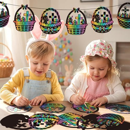 CY2SIDE 60PCS Religious Baskets with Egg Cross Scratch Card Gift Set DIY Christian Jesus is Risen Scratch Paper Craft for Kid Sunday School Activity Easter Bunny Magic Art Rainbow Color Paper Ornament - style: Easter Basket Cross